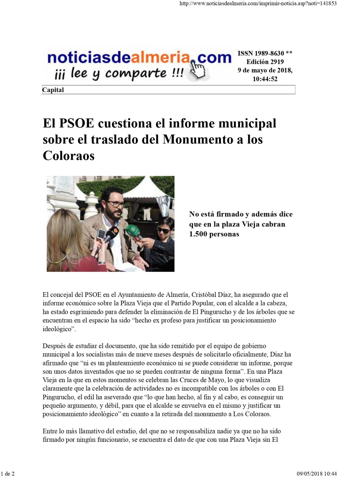 El PSOE cuestiona el informe municipal sobre el traslado del Monumento a los Coloraos