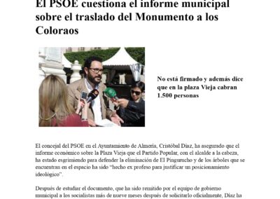 El PSOE cuestiona el informe municipal sobre el traslado del Monumento a los Coloraos