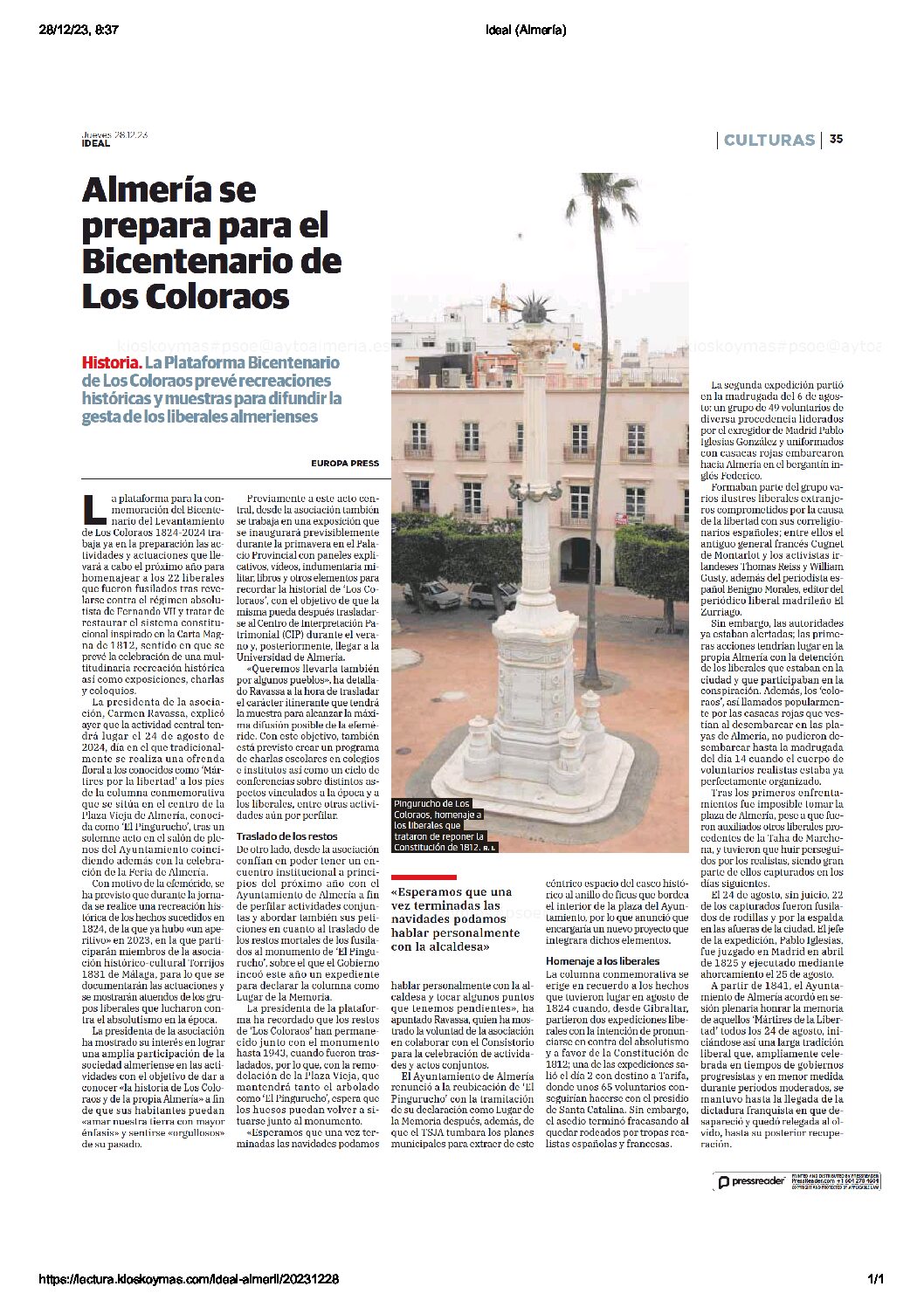 Almería se prepara para el bicentenario de los Coloraos (IDEAL 28/12/2023)